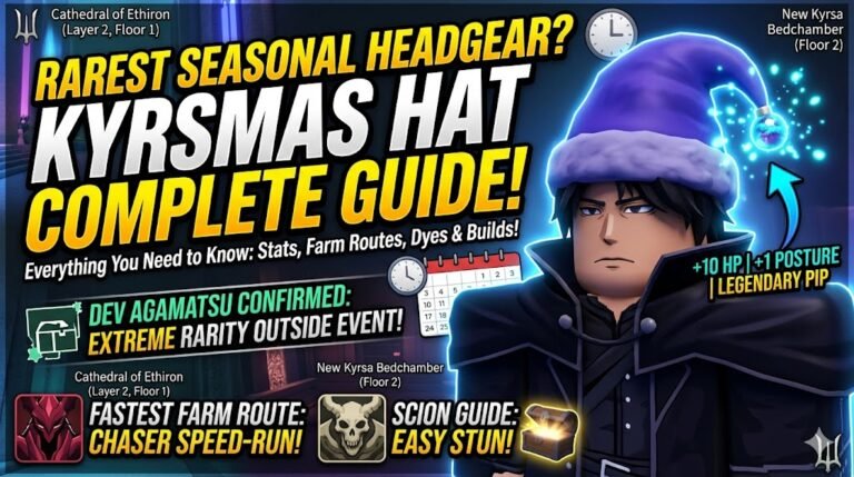 A YouTube video thumbnail for the Roblox game Deepwoken titled "RAREST SEASONAL HEADGEAR? KYRSMAS HAT COMPLETE GUIDE!". The image features a Deepwoken character on the right wearing a distinctive glowing purple Santa-style "Kyrsmas Hat," with text indicating its stats: "+10 HP | +1 POSTURE | LEGENDARY PIP." The background shows Layer 2 game locations: Cathedral of Ethiron and New Kyrsa Bedchamber. Text bubbles include "Everything You Need to Know: Stats, Farm Routes, Dyes & Builds!", "DEV AGAMATSU CONFIRMED: EXTREME RARITY OUTSIDE EVENT!" (with clocks and a calendar), "FASTEST FARM ROUTE: CHASER SPEED-RUN!" (next to a red boss icon), and "SCION GUIDE: EASY STUN!" (next to a skeletal boss icon and a loot chest). A Deepwoken logo trident is in the bottom right.