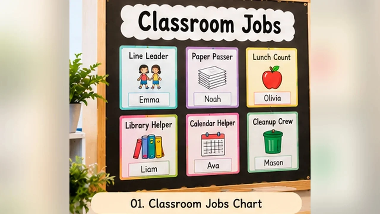 Colorful classroom jobs chart displaying student names and responsibilities such as paper passer and lunch count