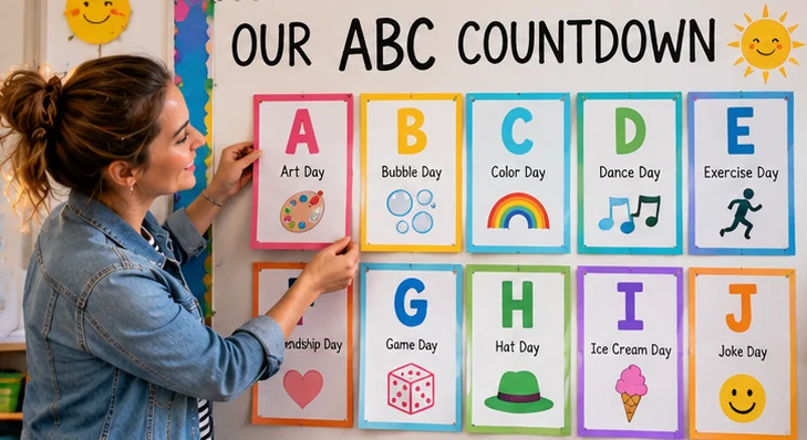Teacher organizing ABC countdown alphabet cards on a classroom bulletin board