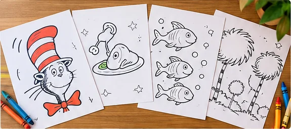 Collection of Dr. Seuss themed coloring page ideas including fish, imaginative trees and playful illustrations