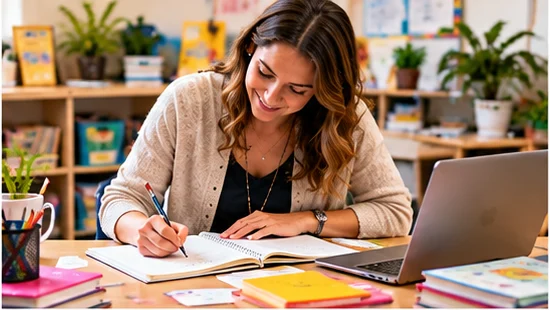 Educator preparing lesson plans with notebook and classroom resources