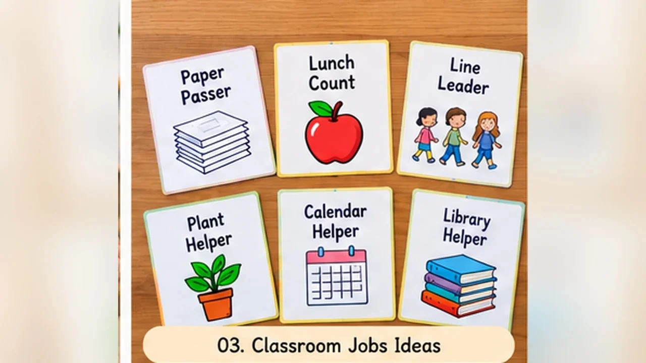 Colorful illustrated classroom job cards for paper passer lunch count library helper and other responsibilities