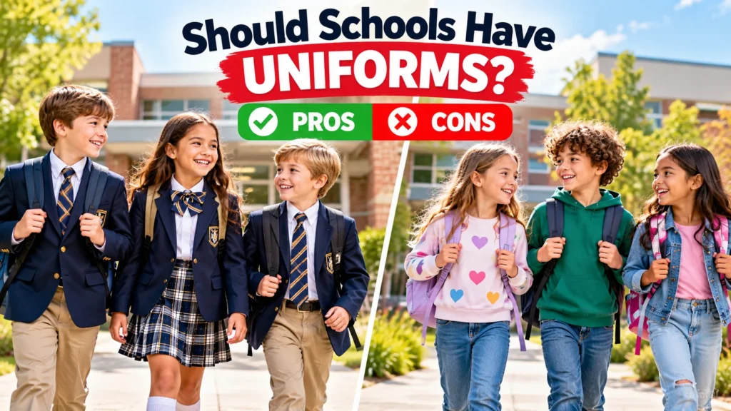 School students wearing uniforms and casual clothes in a visual comparison of school uniform pros and cons