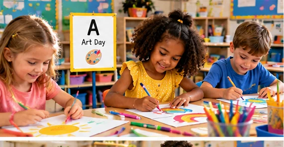 Elementary students creating colorful summer artwork during Art Day