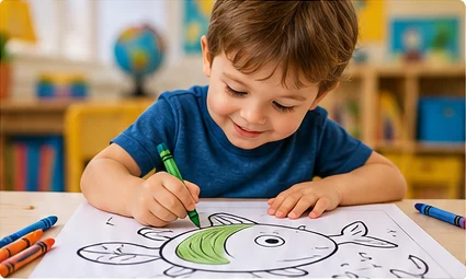 Preschool child enjoying a simple fish coloring sheet using crayons