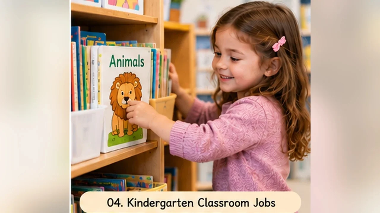 Kindergarten student organizing books in a classroom library
