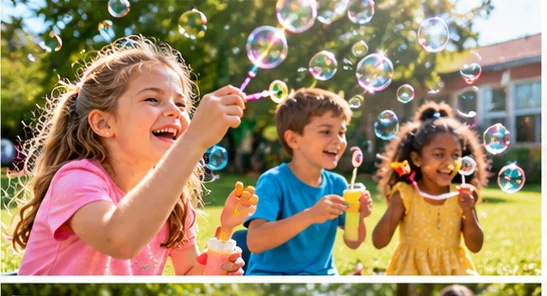 Elementary children enjoying outdoor Bubble Day activities