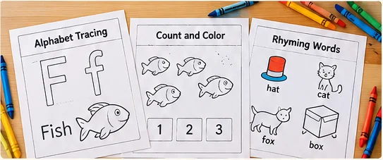 Educational worksheets showing alphabet tracing, fish counting and rhyming word activities