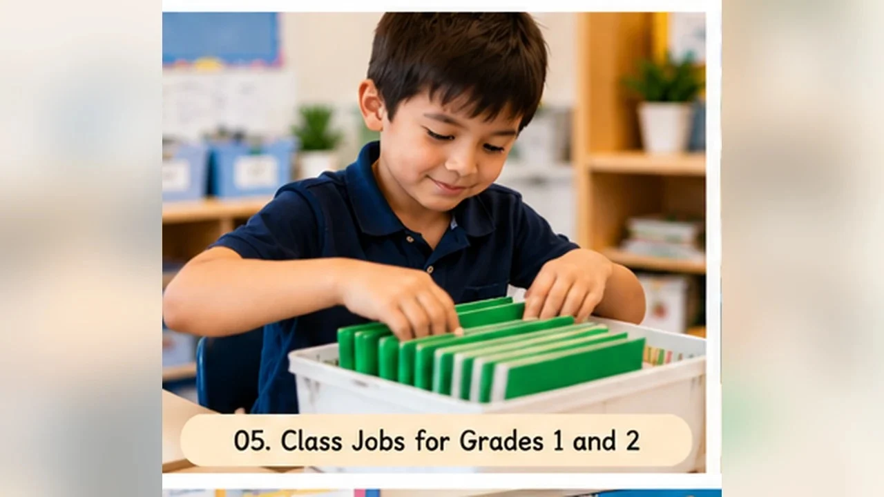 First and second grade student organizing classroom materials