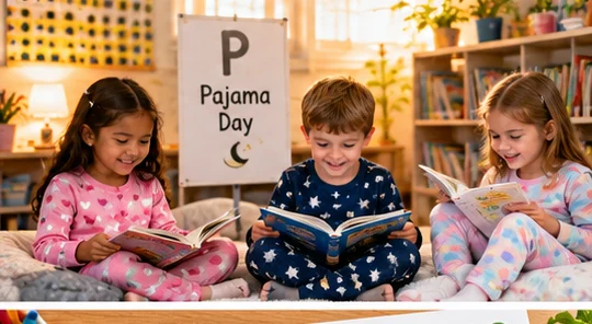 Elementary children enjoying a cozy Pajama Day reading activity
