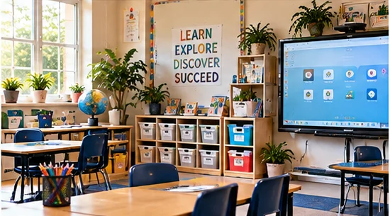 Organized learning environment with digital teaching screen and classroom storage