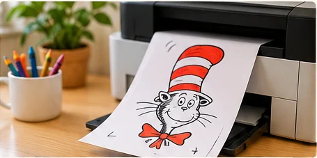 Home printer producing a black and white children's coloring sheet