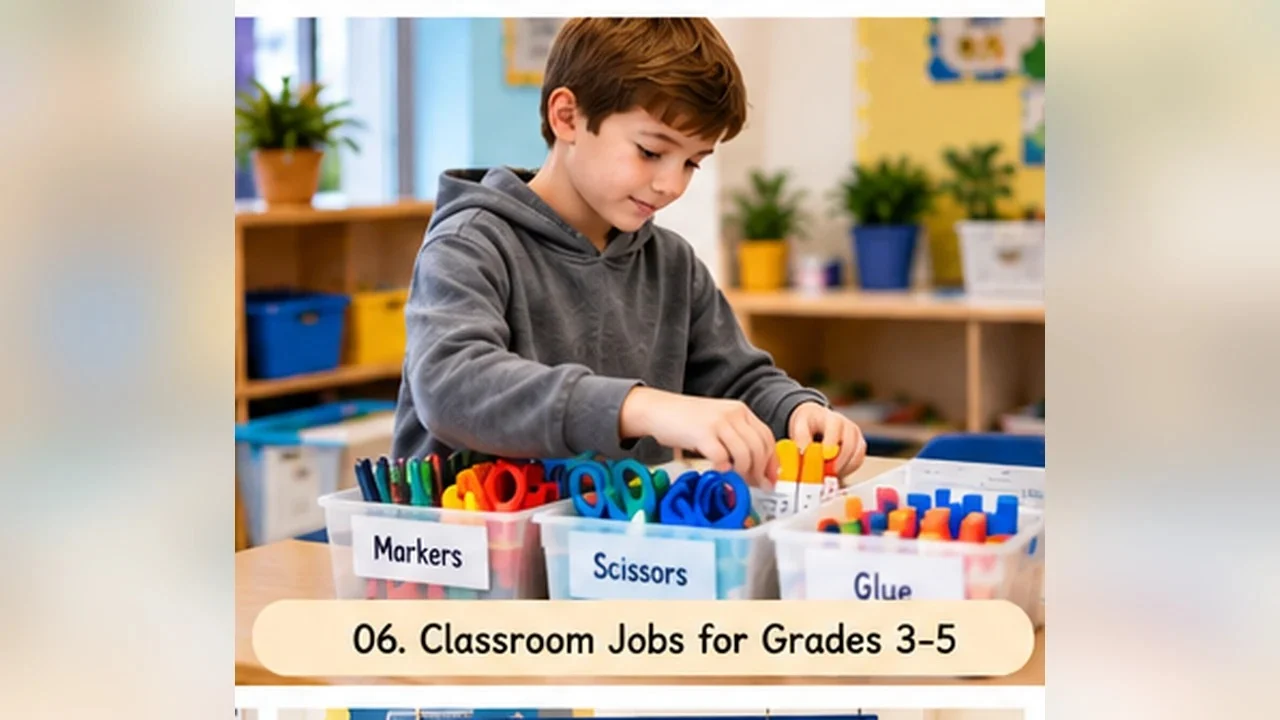 Upper elementary students organizing classroom learning equipment and supplies