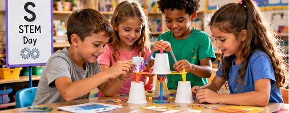 Elementary students completing a paper cup engineering challenge during STEM Day