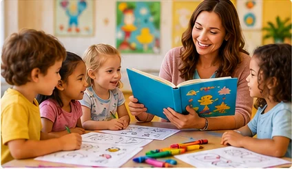 Teacher reading a picture book with children during a classroom coloring and learning activity