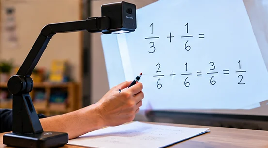 Document camera demonstrating fractions on a large classroom screen