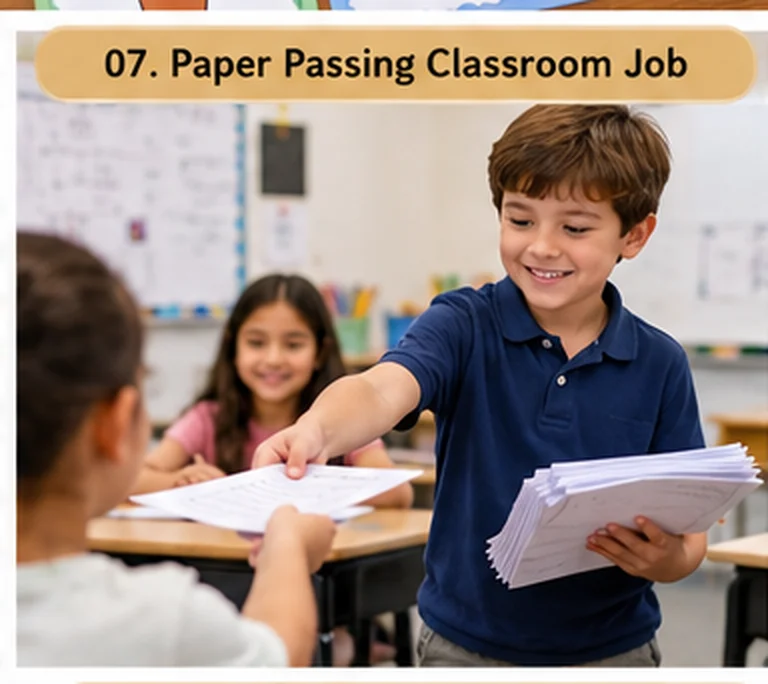 Student paper passer handing out worksheets to classmates
