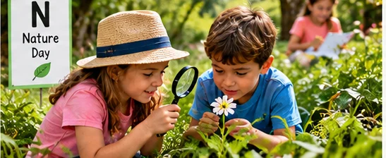 Elementary students exploring flowers and plants during Nature Day