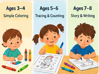 Illustrated age guide showing coloring activities for ages three to four, five to six and seven to eight