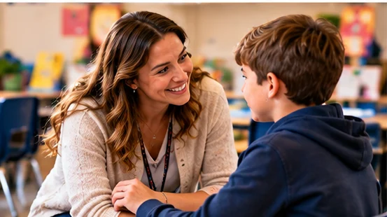 Teacher holding a supportive one-to-one conversation with a student