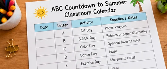 ABC Countdown to Summer classroom calendar showing alphabet activities and planning details