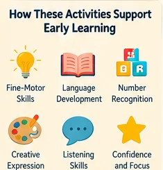 Educational infographic highlighting fine motor skills, language development, number recognition, creativity and listening