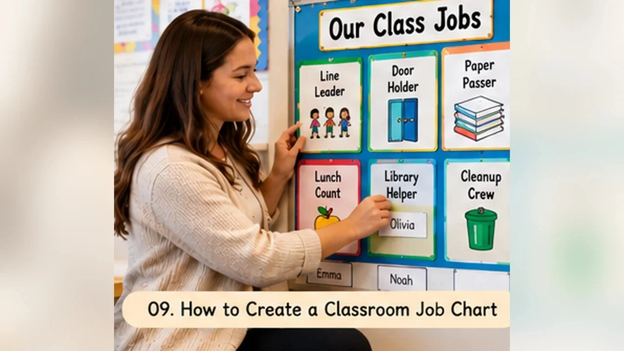 Teacher making a classroom job chart with picture cards and student names