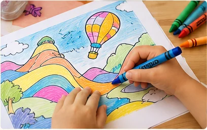 Child coloring an imaginative landscape with colorful crayons as part of a storytime activity