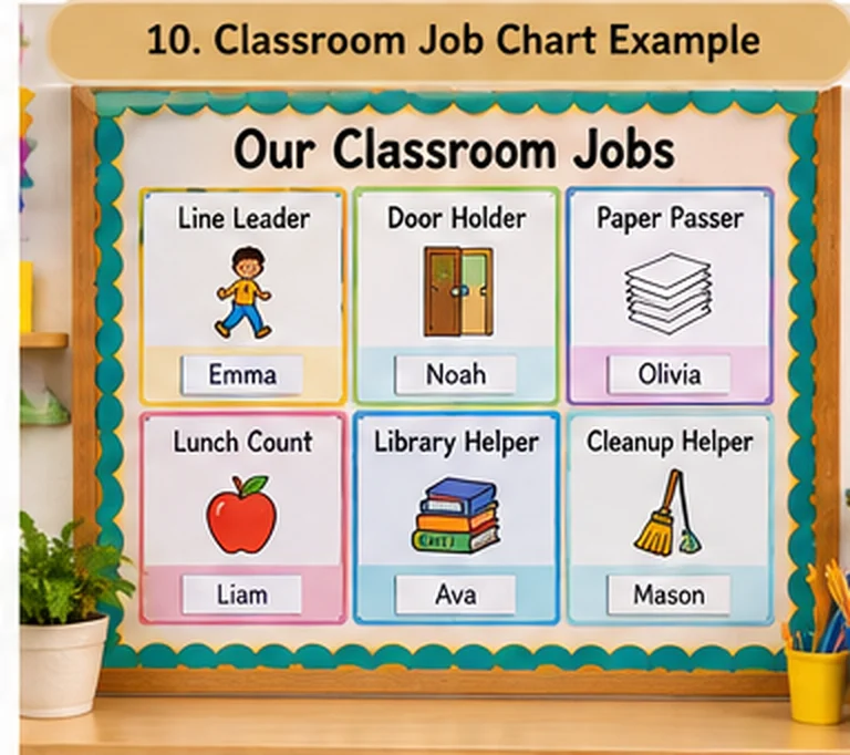 Completed classroom job chart showing different student helper roles