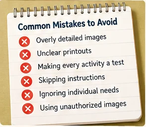 Checklist of common coloring worksheet mistakes including unclear printouts, overly detailed images and unsuitable instructions