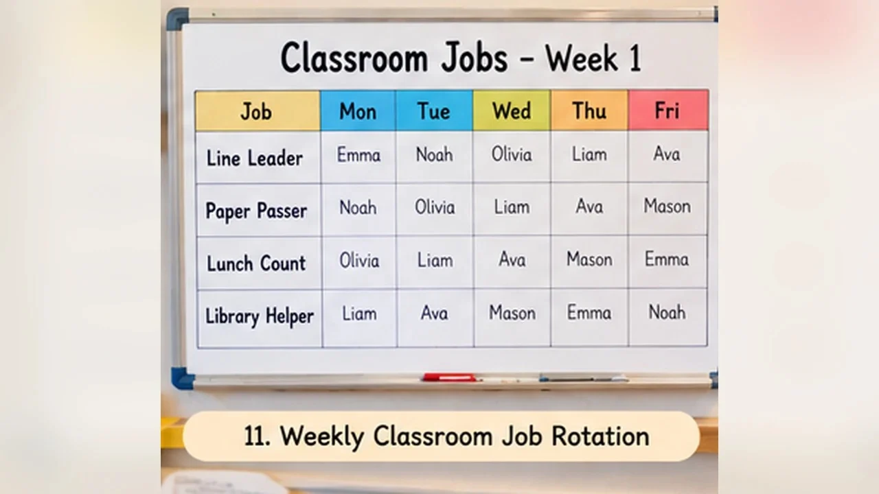Weekly classroom job rotation chart with student names
