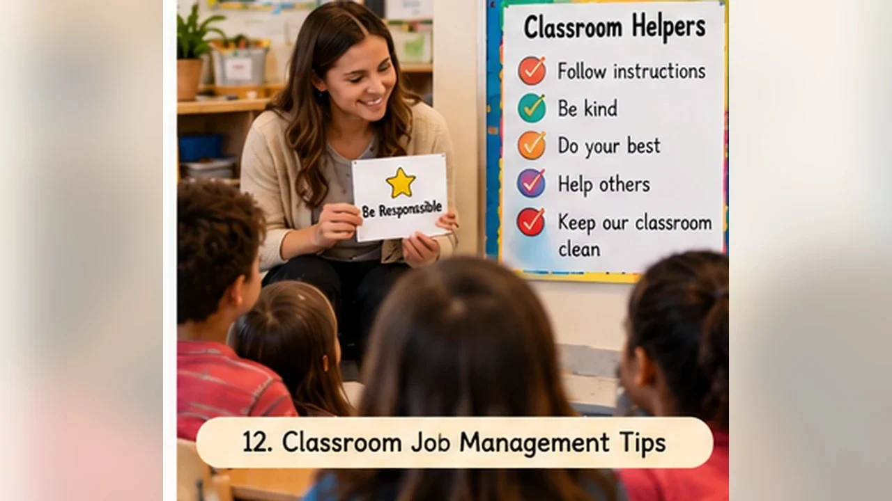 Teacher explaining classroom job expectations and responsibilities to elementary students