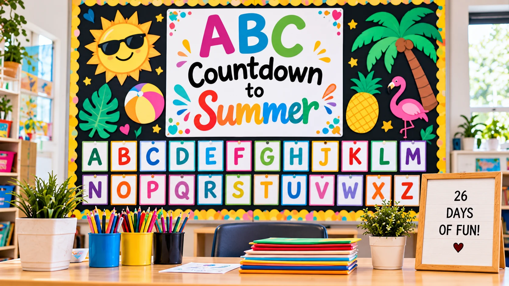 ABC Countdown to Summer classroom board with colorful alphabet cards and summer decorations