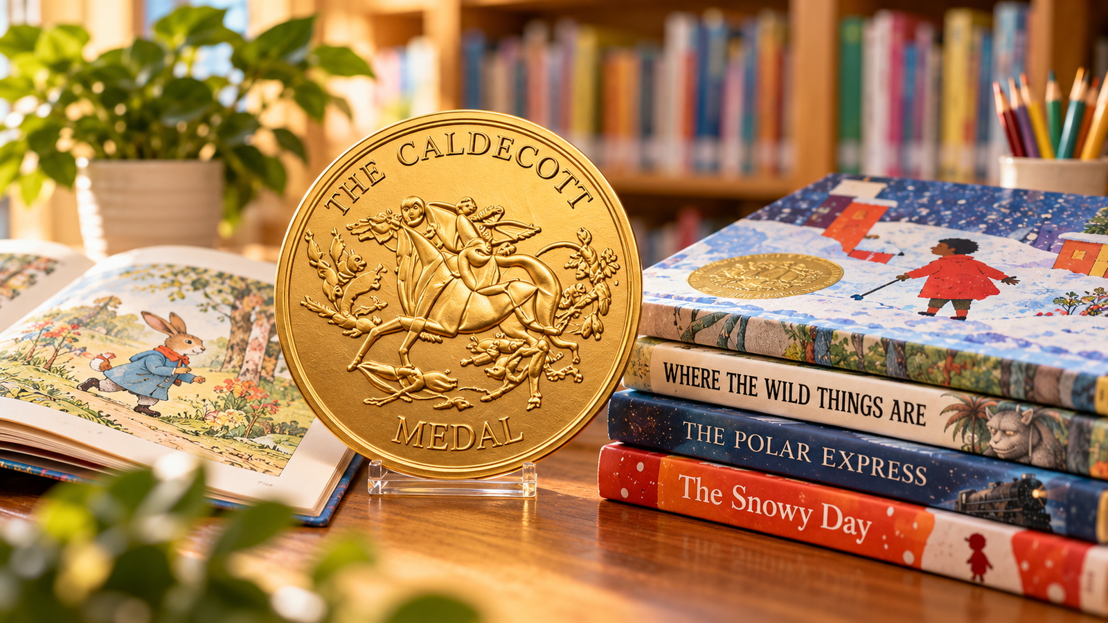 Caldecott Medal and illustrated children's books displayed in a cozy reading nook