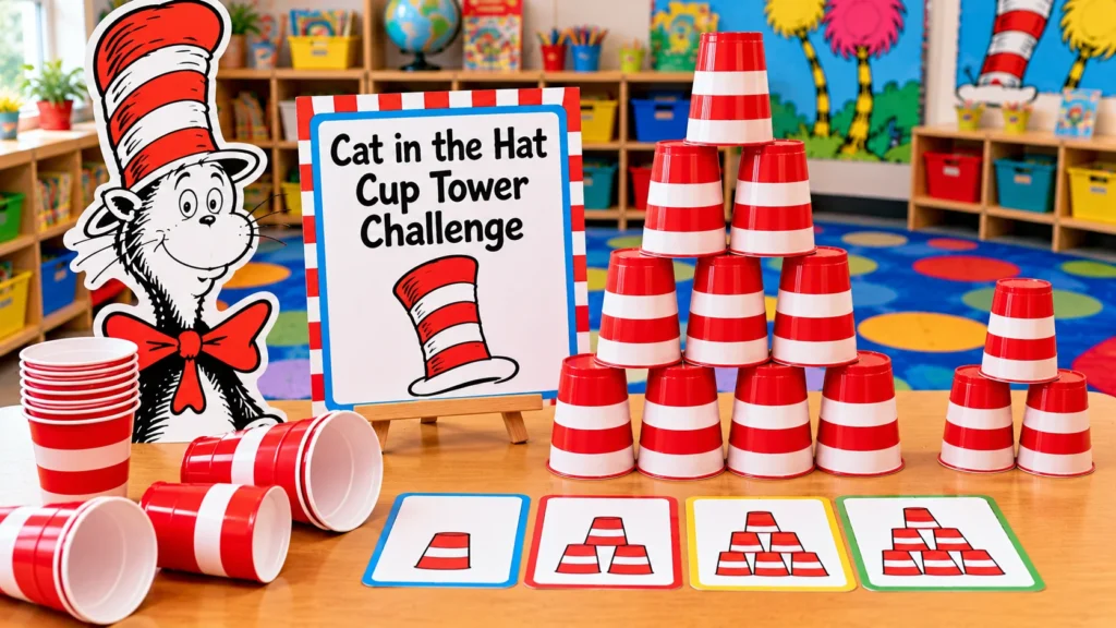 Red-and-white striped plastic cups stacked into different tower designs for a Cat in the Hat STEM challenge.