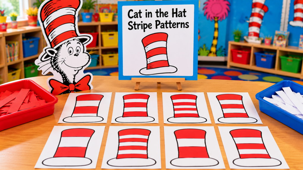 Red-and-white striped paper hat pattern worksheets arranged on a classroom activity table.