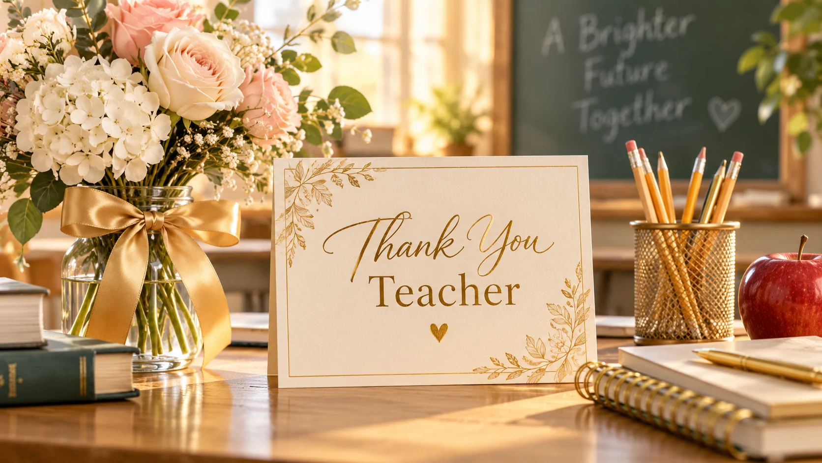 Elegant thank you teacher card with flowers books and classroom stationery