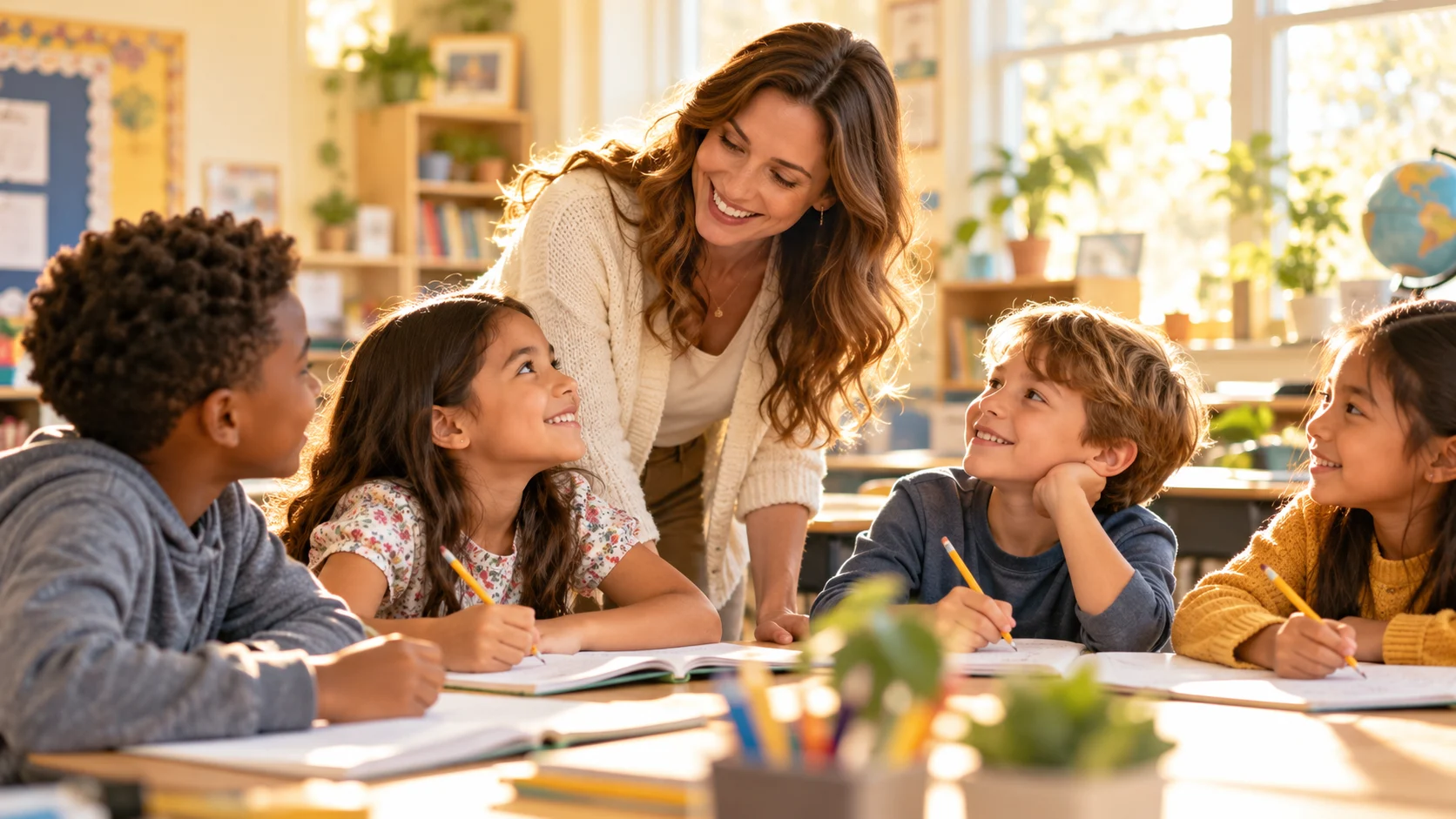 Smiling teacher inspiring students in a welcoming classroom
