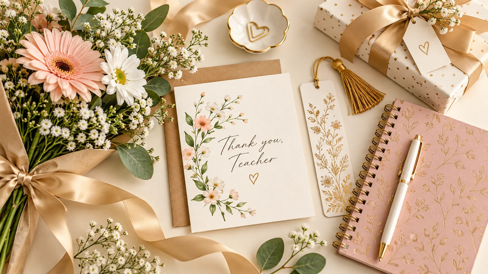 Teacher appreciation greeting card with flowers bookmark notebook and gift