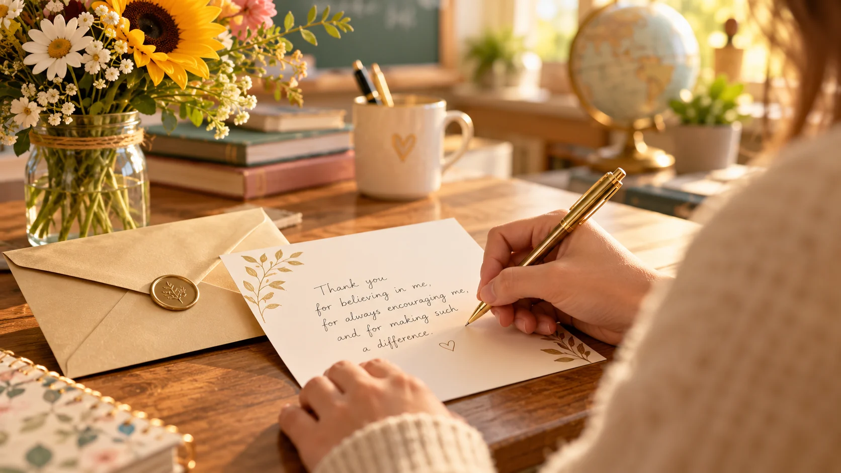 Writing a personalized heartfelt thank you teacher message on a greeting card