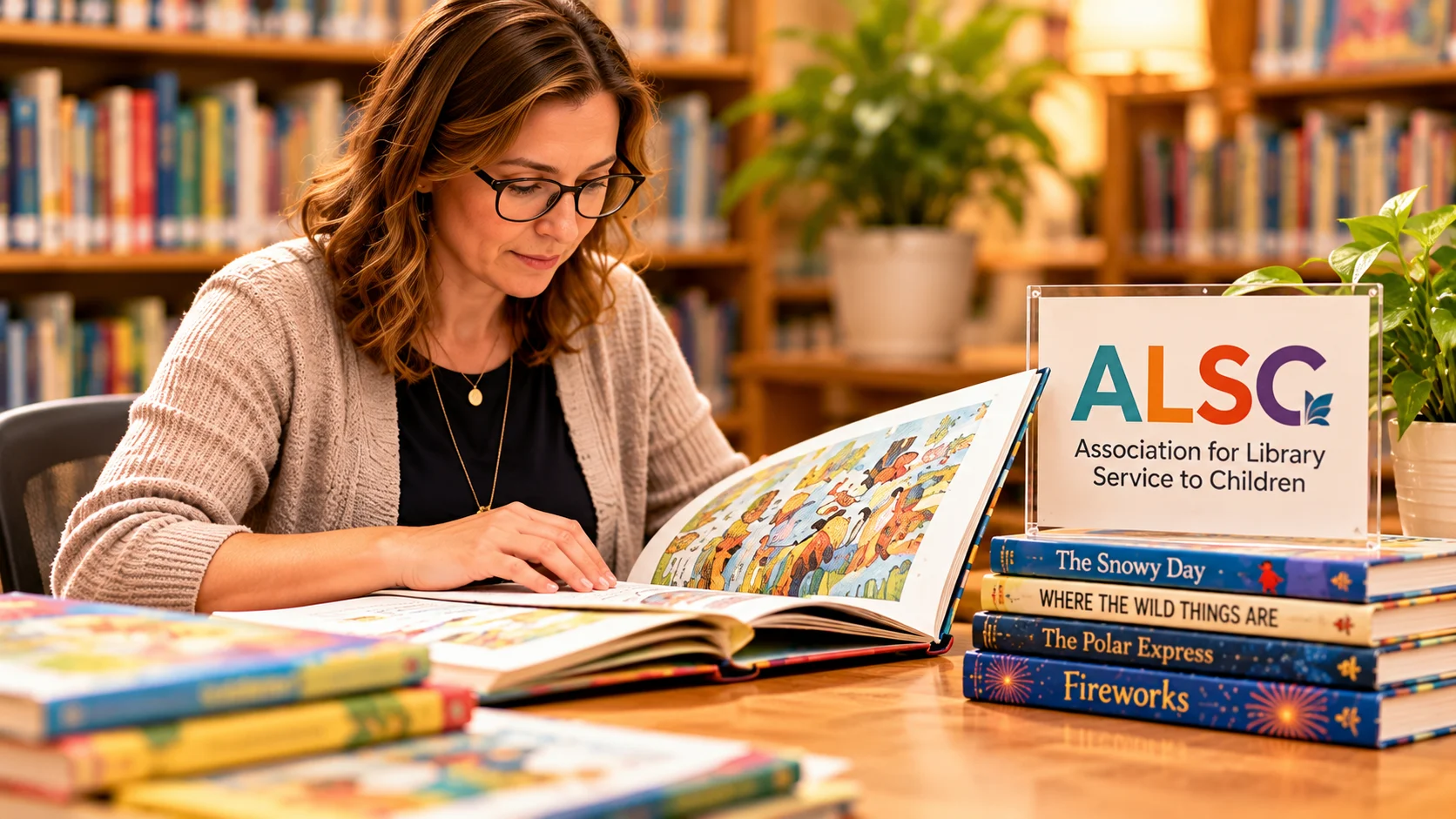 Librarian reviewing illustrated children's picture books