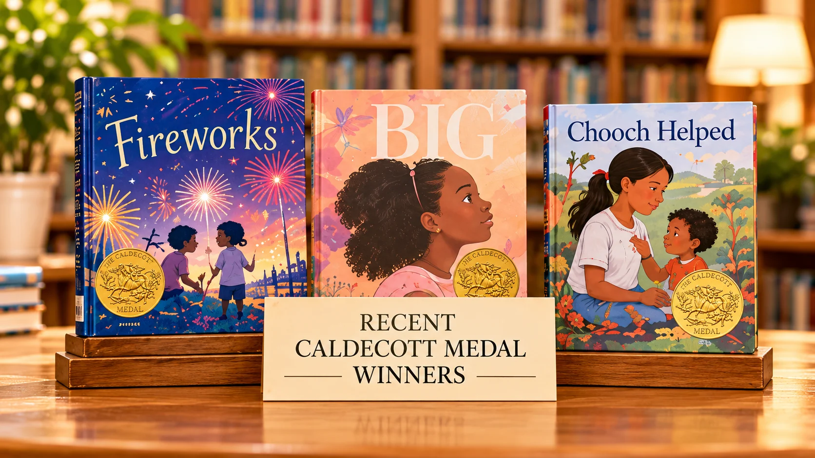 Recent Caldecott Medal-winning picture books displayed together