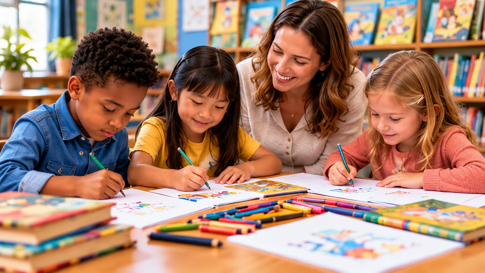 Teacher helping children create illustrations for picture books