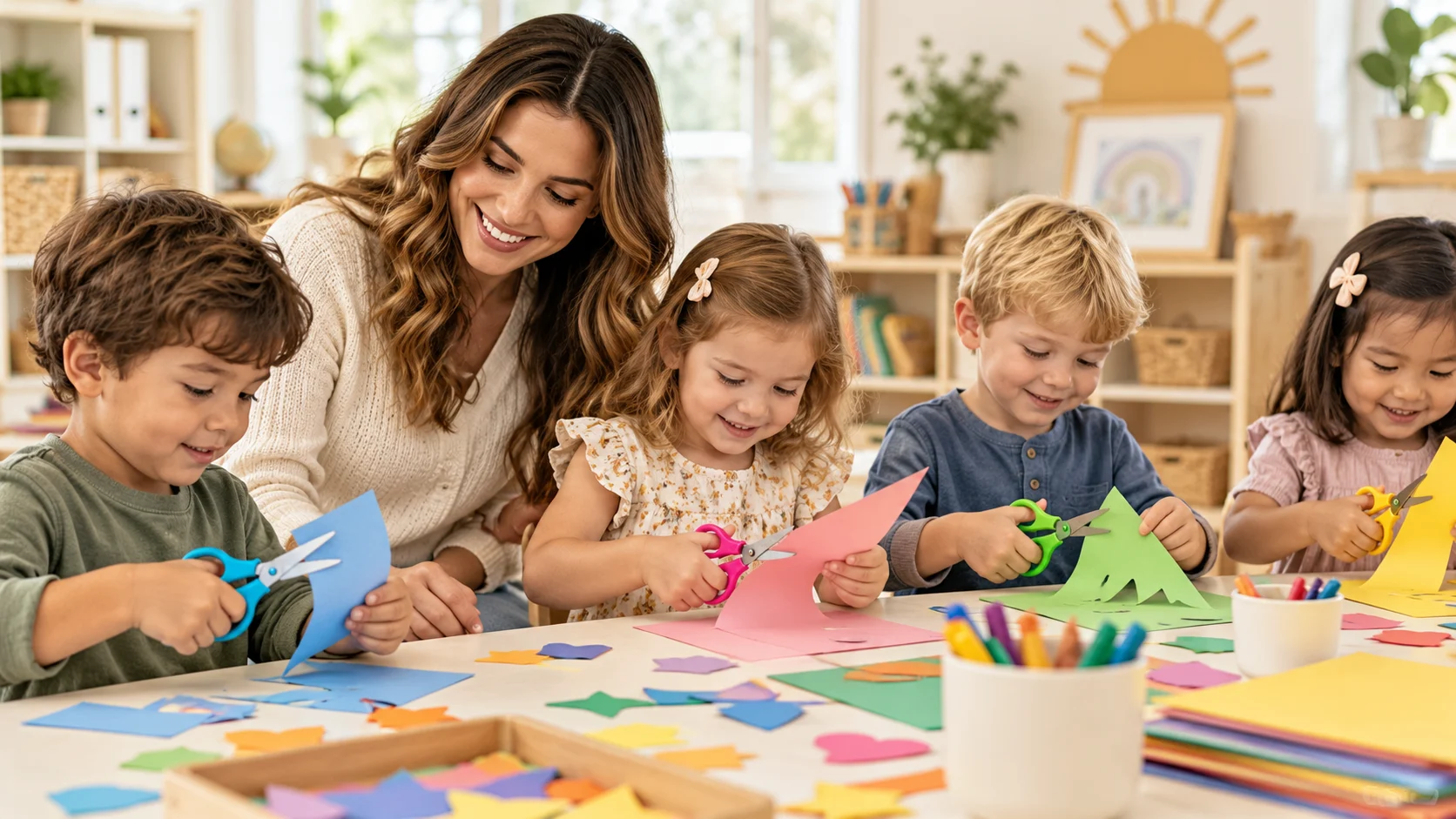 Preschool scissor skills activities with colorful craft paper