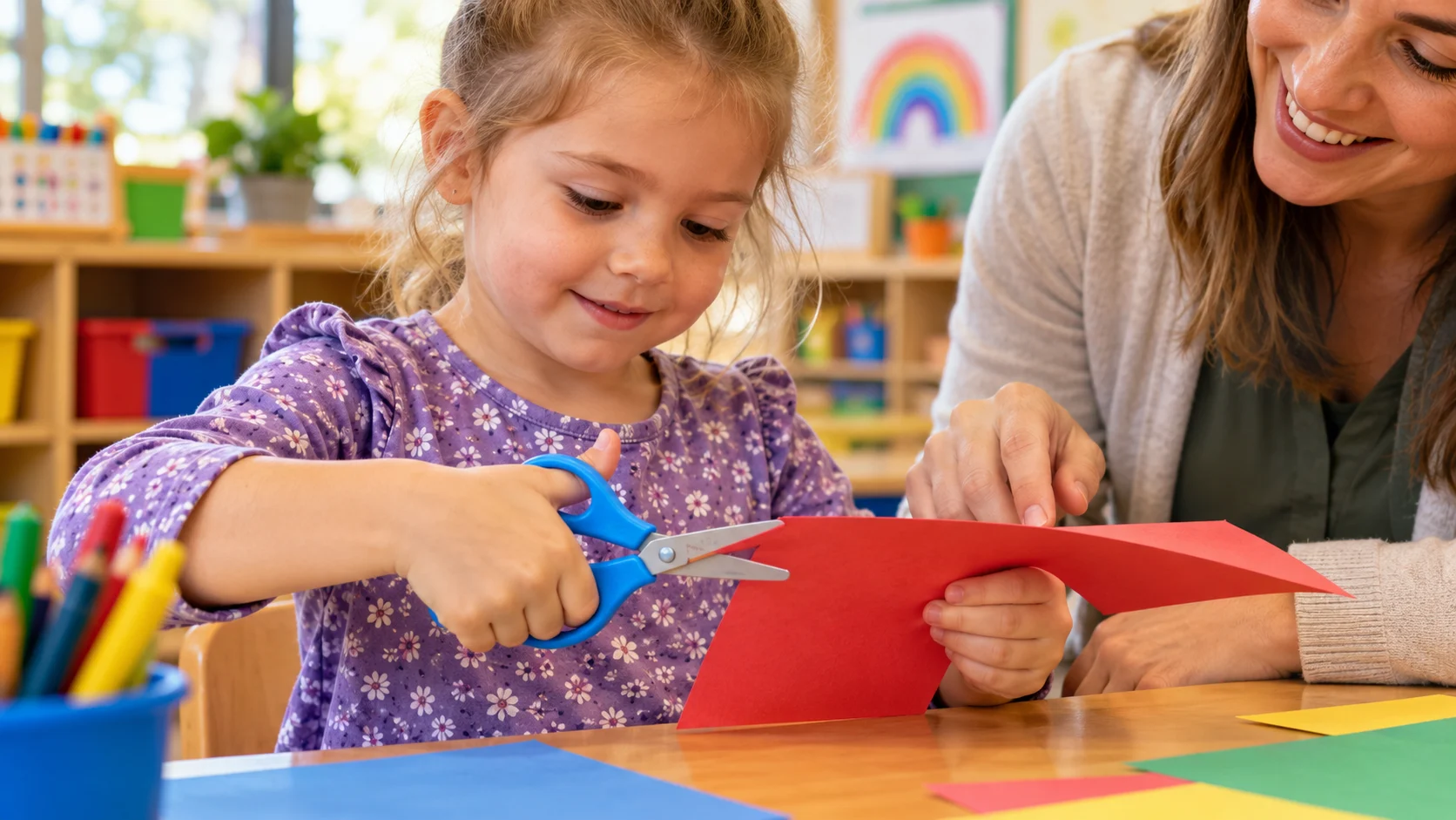 Teacher helping a child use scissors with a safe grip