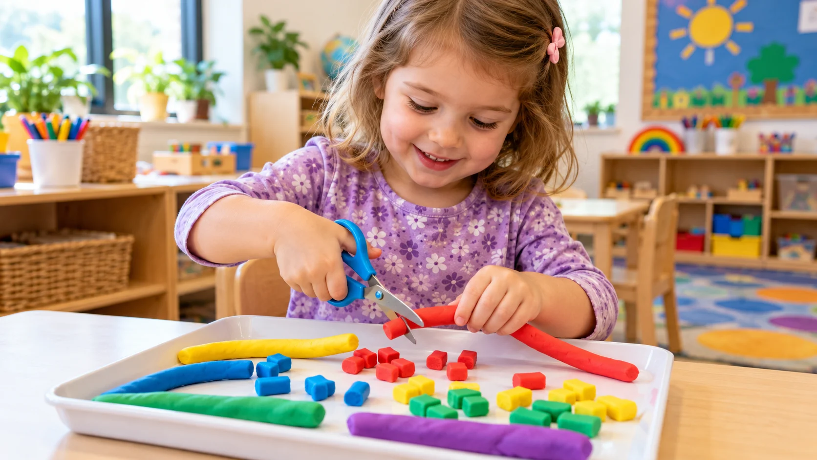Preschool child developing fine motor skills through a paper cutting activity