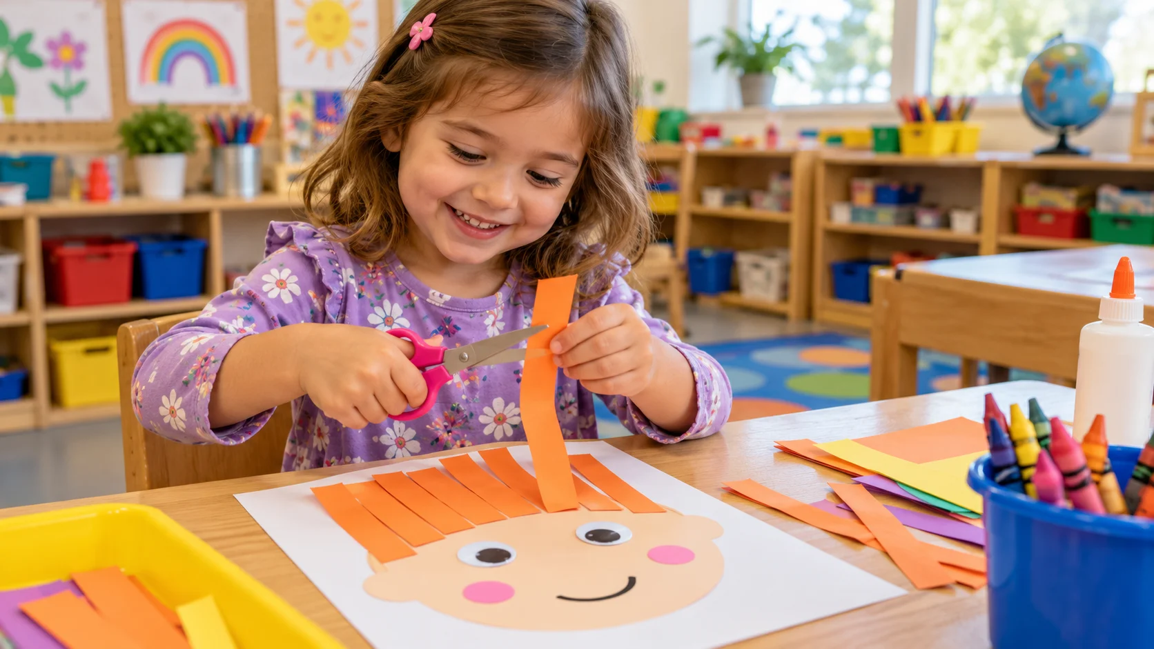 Child trimming paper fringe hair on a smiling paper face craft