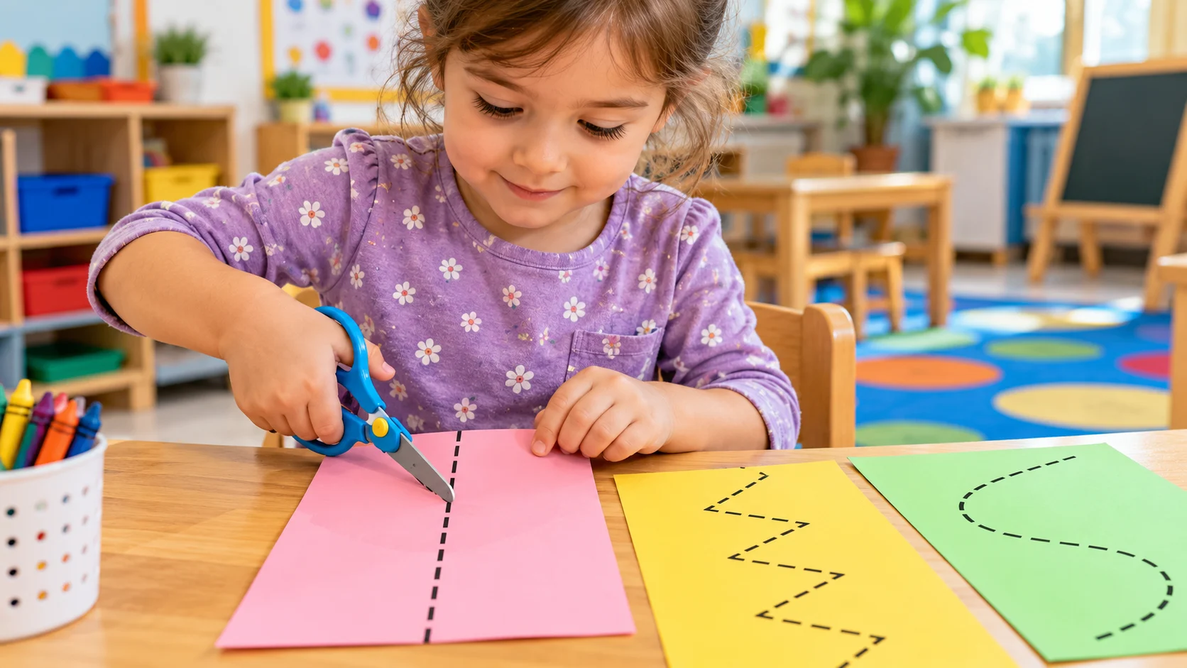 Child practicing straight, curved and wavy cutting lines on colorful paper