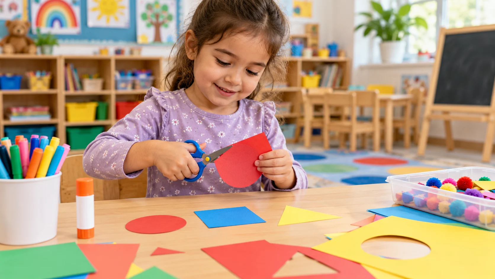 Kindergarten child cutting colorful paper circles squares and triangles