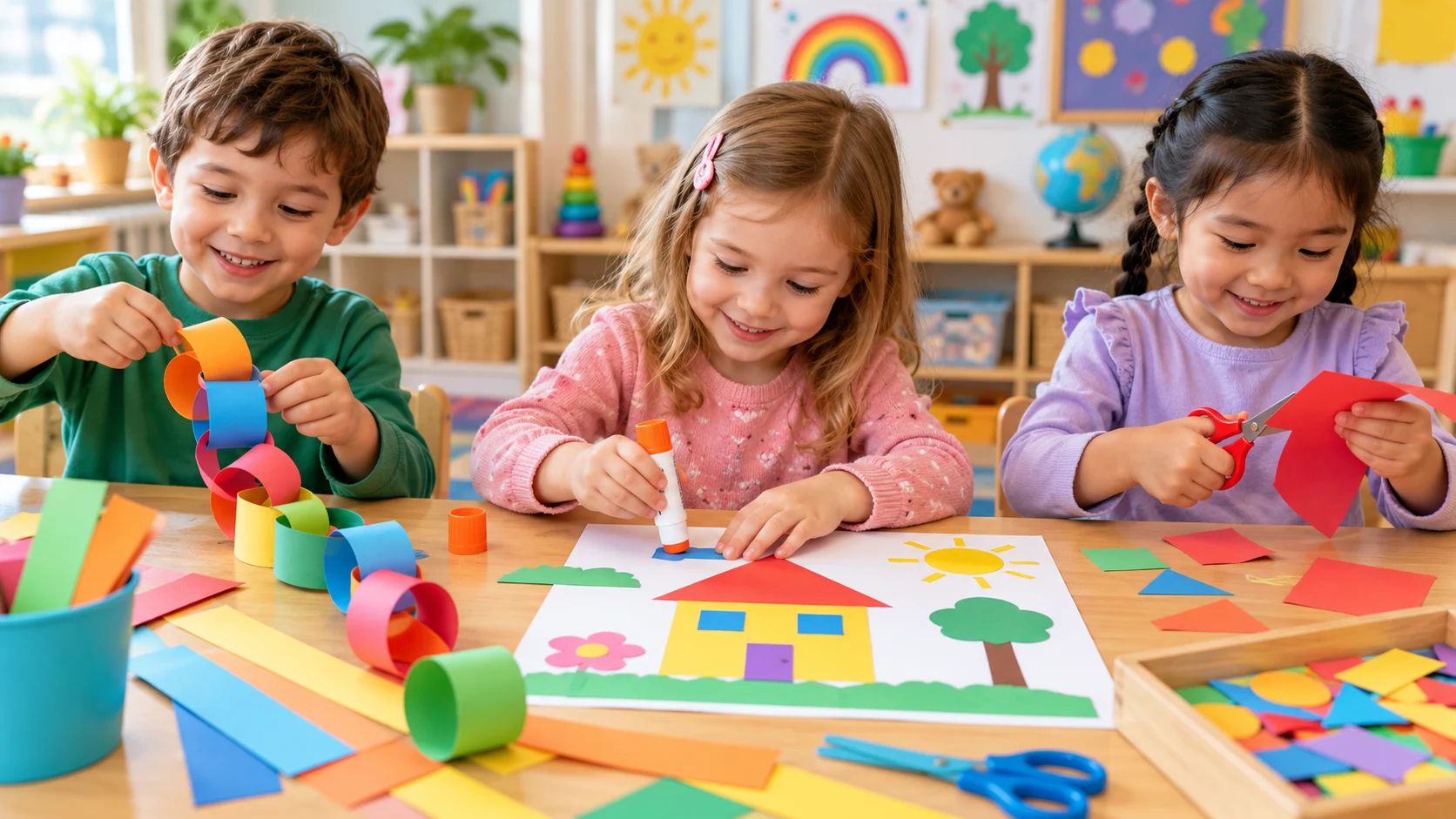 Kindergarten students creating paper chains and colorful shape collages